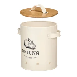Cajas Y Frascos>Caja para cebollas crema metálica con tapa bambú