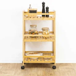 Carros De Soporte>Carrito multiusos marón de bambú con 3 baldas