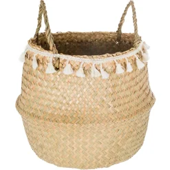 atmosphera Cestas Y Baúles>Cesto seagrass natural con pompones y asas