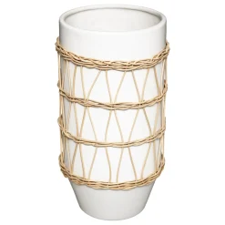 atmosphera Jarrones Y Vasos>Jarrón Blanco De Cerámica Decoración Ratán