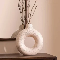 atmosphera Jarrones Y Vasos|Estilo Étnico>Jarrón De Cerámica Blanca Con Lunares Negros 30cm