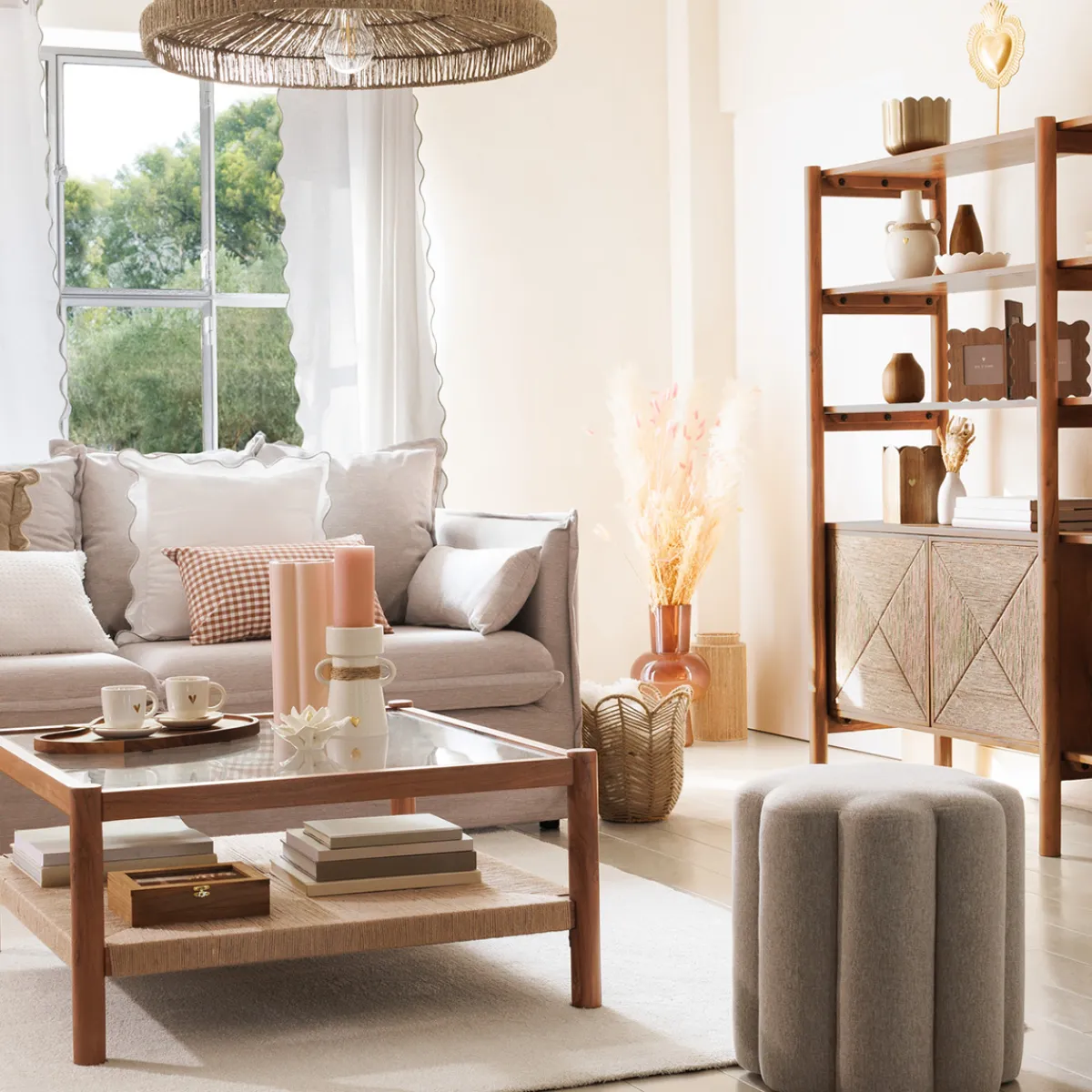 atmosphera Puff Y Banquitos|Estilo Rústico>Puf Floral Tejido Beige 40cm