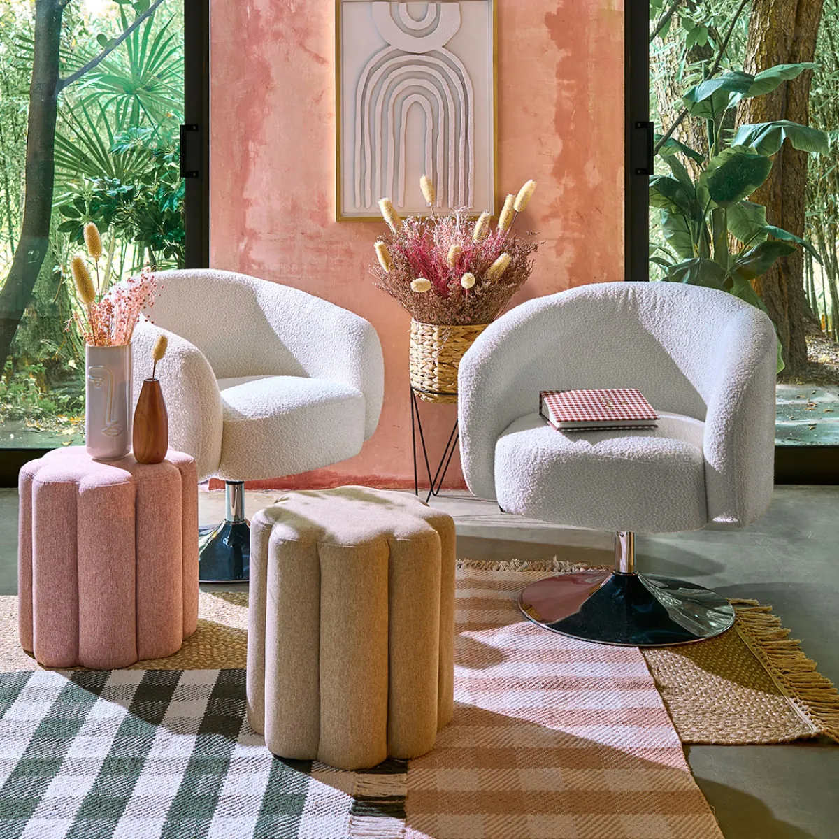 atmosphera Puff Y Banquitos|Estilo Rústico>Puf Floral Tejido Beige 40cm