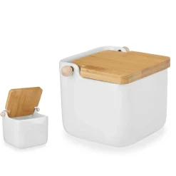 Vinagreras, Azucareros, Saleros Y Pimenteros>Salero Blanco De Cerámica Tapa De Bambú