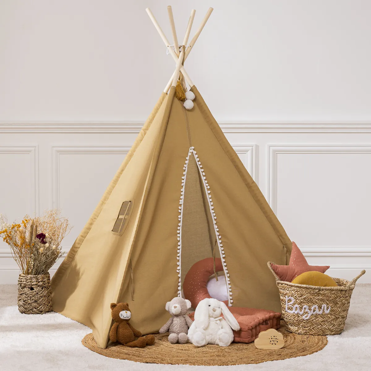 Niños Mobiliario>Tienda Tipi Ocre Pompones 120x120x160Cm